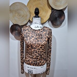 ANTISTAR New! Leopard Print Mesh Transparent Long Sleeve Top Size S.